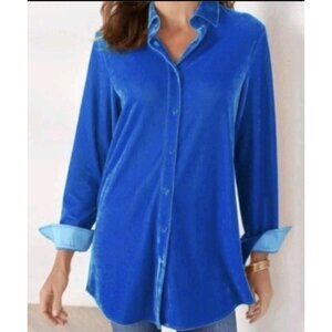 Soft Surroundings Velvet Boyfriend Tunic Shirt Size Velour Blouse 1X Blue